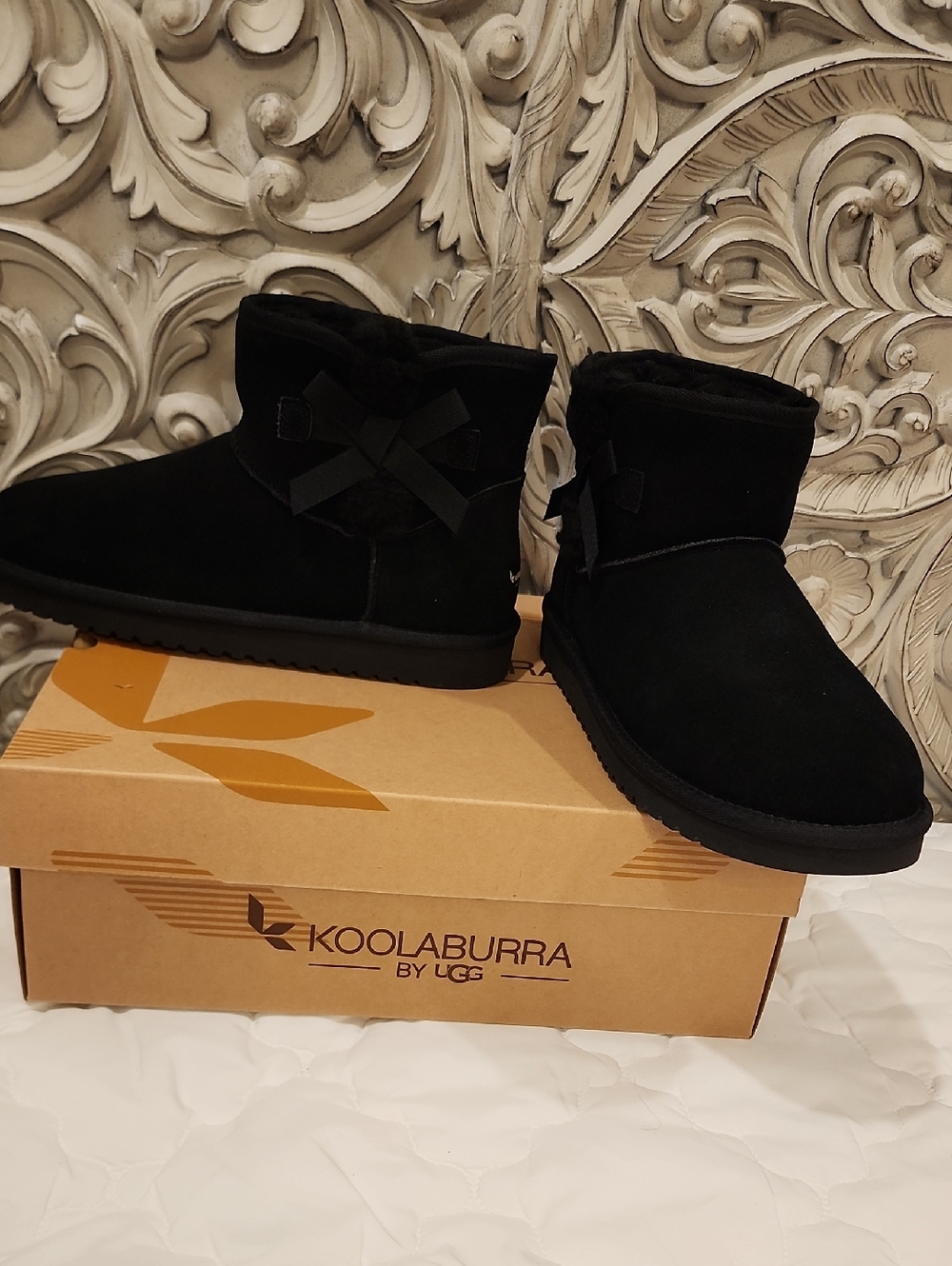 Koolaburra Black Suede Short Lace-Up Bow Ankle Slippers